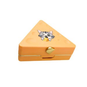 Triangle Blush Compact – an orange triangular case opens to show a triangular pan area and a mirror