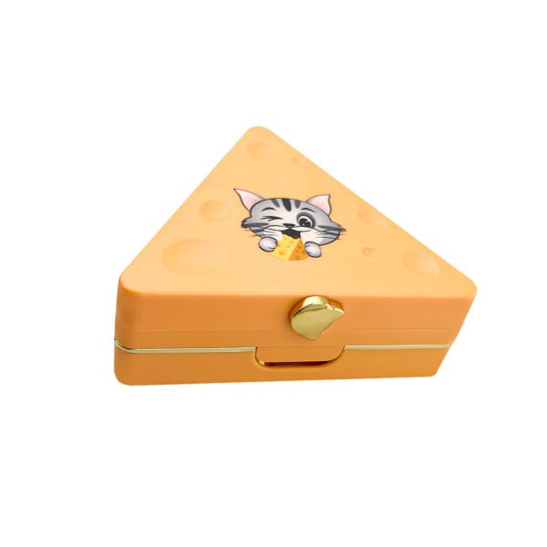 Triangle Blush Compact – an orange triangular case opens to show a triangular pan area and a mirror