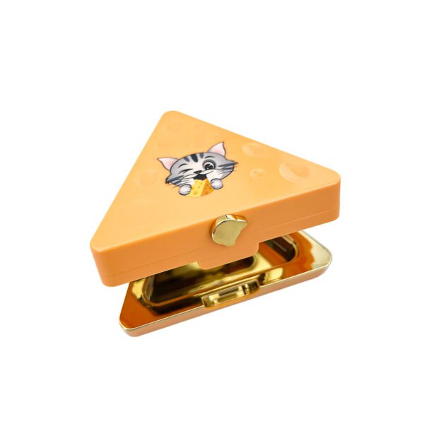 Half-opened cheese shaped blush compact, orange empty cosmetic case with cat print and gold buckle