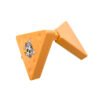 Tilted side view of triangular cheese makeup case, orange empty cosmetic powder container with cartoon cat pattern