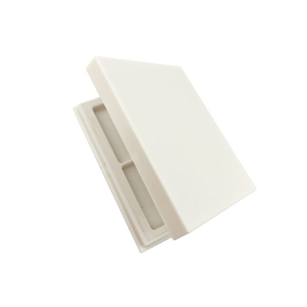الخطوة-001-02 Tilted partial open shot of matte off-white ABS rectangular empty makeup palette with 4 pans