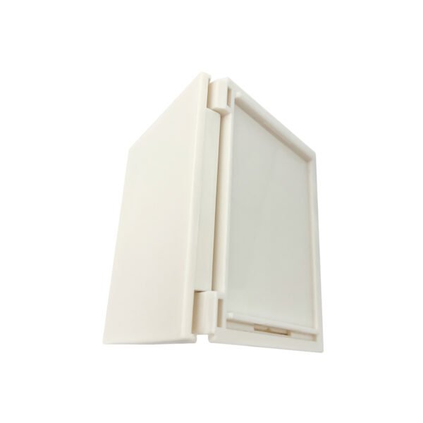 الخطوة-001-03 Side hinge shot of matte off-white empty cosmetic palette showing hinge construction