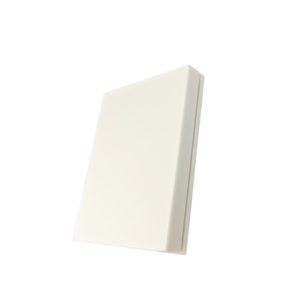 الخطوة-001-05 Closed top angled view of matte off-white flat empty powder palette on white background