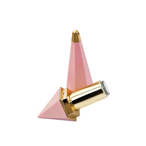 Pink diamond pyramid shape empty lipstick tube, ABS matte pink lipstick container with gold electroplated part