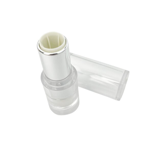 Top view of transparent lipstick tube, showing inner holder structure of cylindrical lipstick empty case