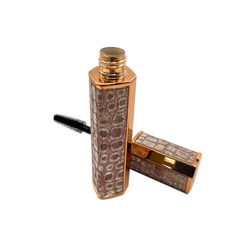 st-mc-002-01 Patterned Square Mascara Tube – this straight-sided mascara case has a square-looking cross-section, warm gold-tone borders and patterned face panels