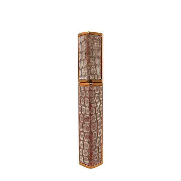 Closed hexagonal empty mascara tube, full vertical shot with crocodile pattern PU leather and rose gold trim
