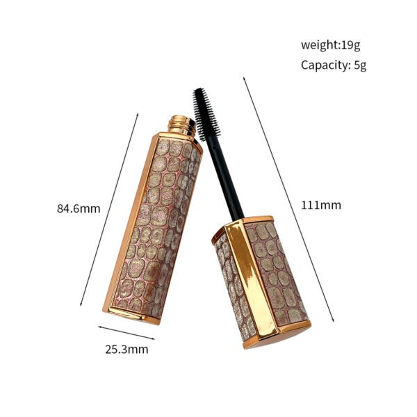 Dimension marked photo of hexagonal crocodile grain empty mascara tube, size 25.3mm*84.6mm*111mm, weight19g, capacity5g