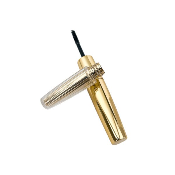 st-mc-004-04 Angled overhead view of tapered empty mascara tube, open status showing black applicator stem and ribbed transparent bottle