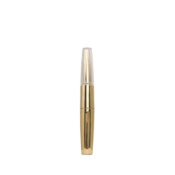 st-mc-004-06 Closed vertical shot of tapered empty mascara tube, bright gold electroplated cap and vertical ribbed transparent bottle body