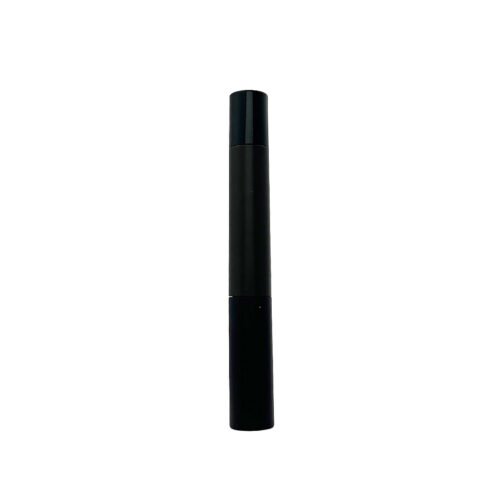 Front vertical shot of closed black matte straight cylindrical empty mascara tubeFront view of closed straight cylindrical empty mascara tube, black matte electroplated surface