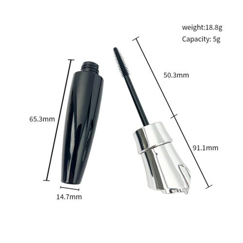 Black Silver Mascara Tube – a tapered black body pairs with a silver-tone cap that has a stepped or faceted-looking crown