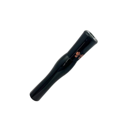 1. `Diagonal shot of closed glossy black curved waist mascara tube with rose gold bow pattern`