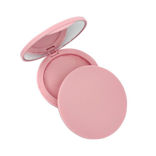 1. `Open matte pink round empty powder compact with built-in mirror, inner powder tray and separated cover`
