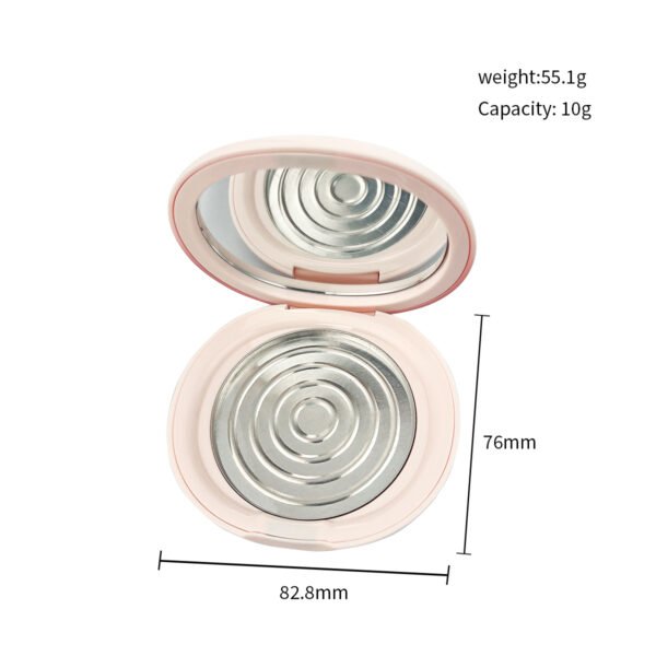 1. `Glossy gradient pink oval empty powder compact with dimension marking, capacity 10g, empty package weight 55.1g, open lid with built-in mirror and aluminum tray`