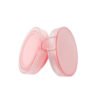Hinge side view of partially opened frosted translucent pink round powder compact case