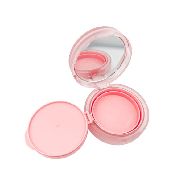 Frosted translucent pink round empty powder compact, fully open showing built-in mirror, pink powder tray and separate inner cover