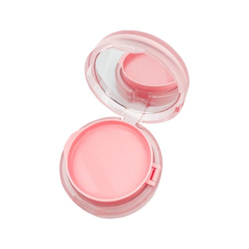 Top-down view of open frosted translucent pink round powder compact with built-in mirror and pink powder tray