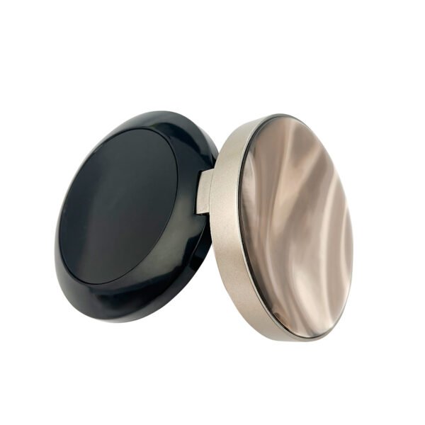 Hinge side view of partially opened round marble pattern powder compact